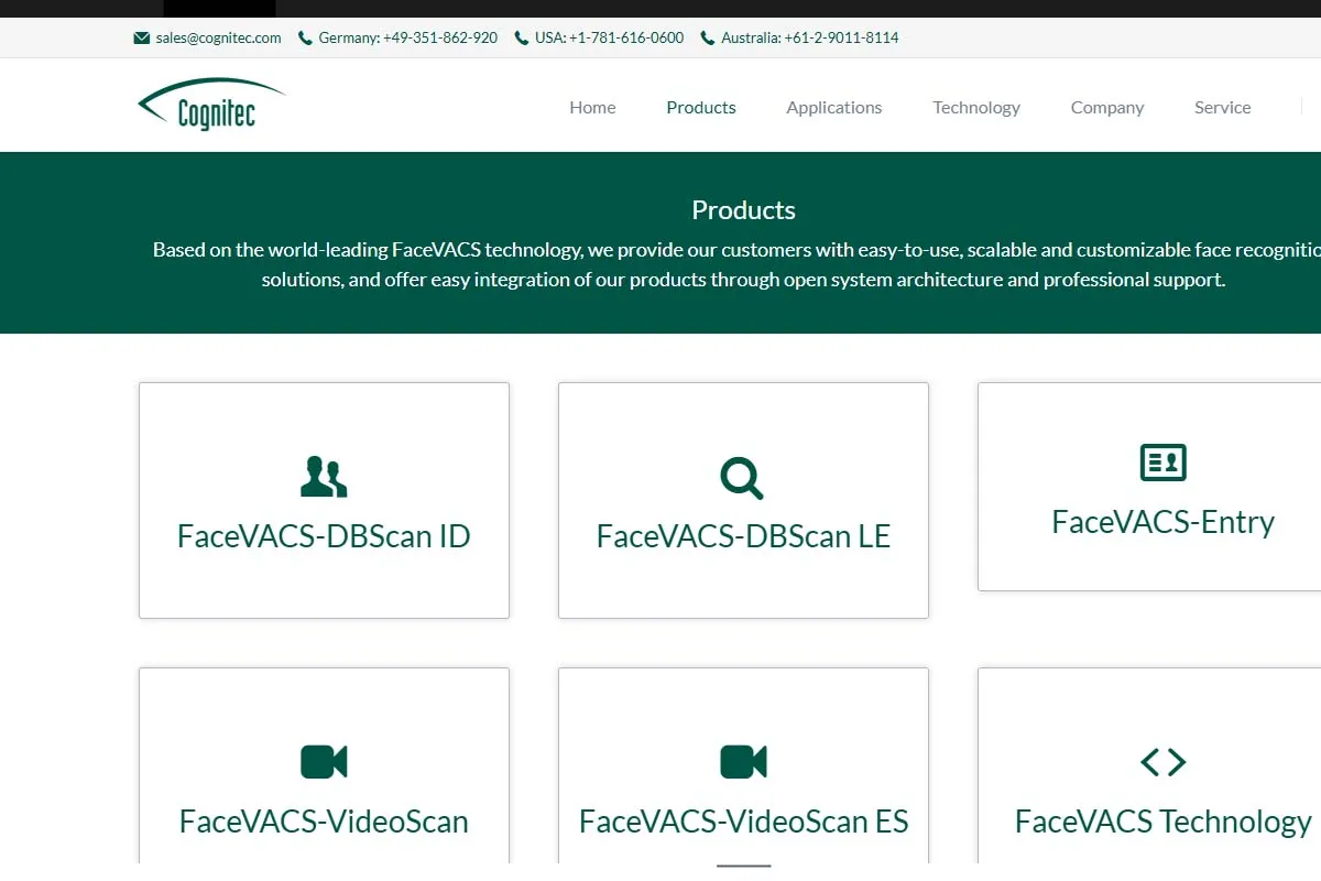 Cognitec FaceVACS products page displaying 'Products' headline and three product cards: FaceVACS-DBScan ID, FaceVACS-DBScan LE, and FaceVACS-Entry.