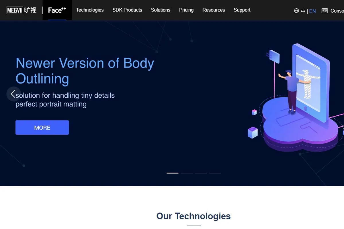 Megvii Face++ homepage highlighting 'FaceID Identity Verification Solution' with an illustration of digital identity verification