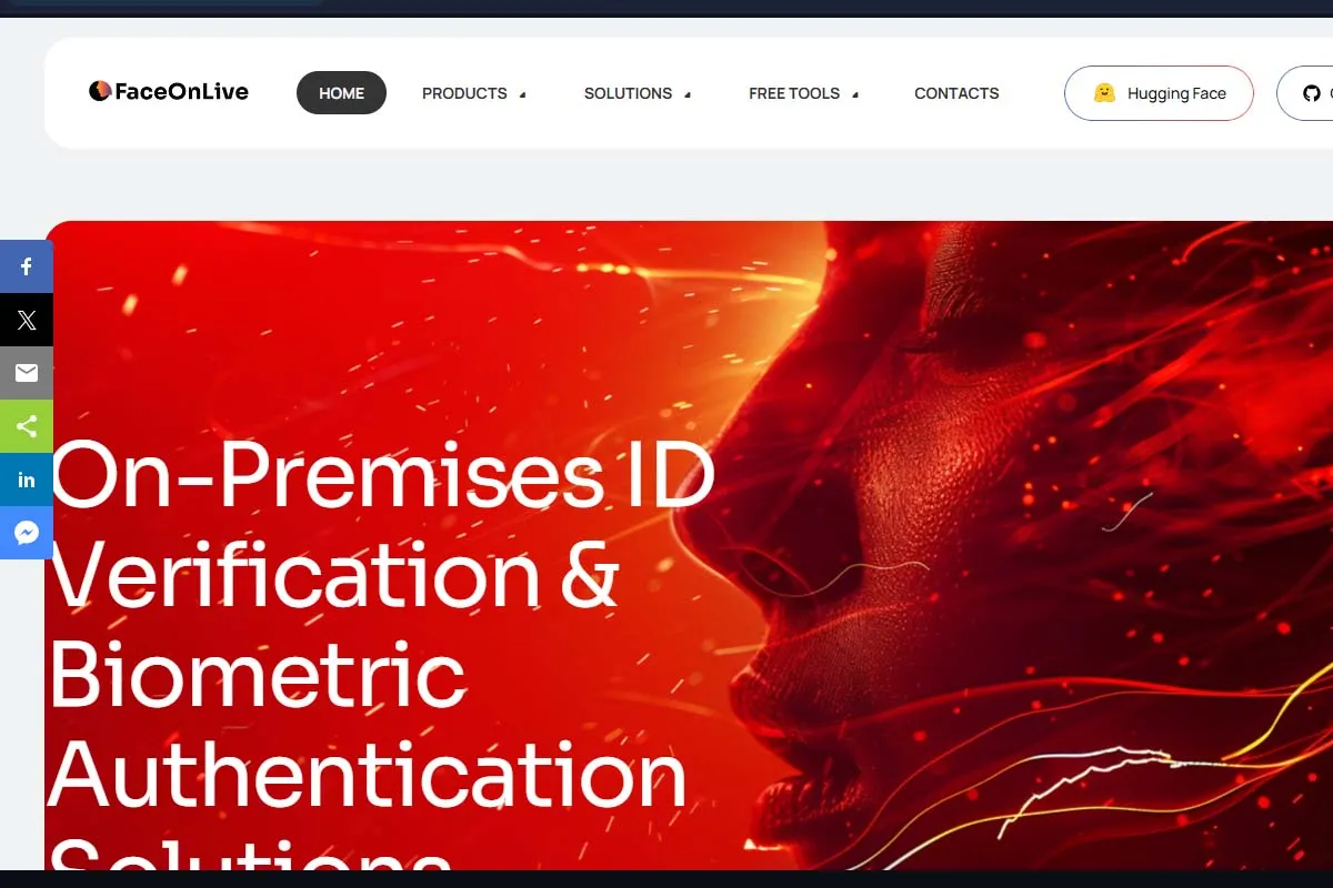 FaceOnLive homepage with a prominent red background and a profile of a face, featuring the headline 'On-Premises ID Verification & Biometric Authentication