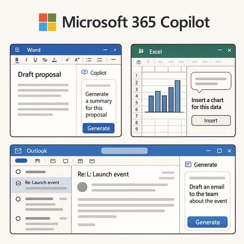  Illustration of Microsoft 365 Copilot integrated into Office apps like Word, Excel, and Outlook, showing AI-generated suggestions and content creation tools.