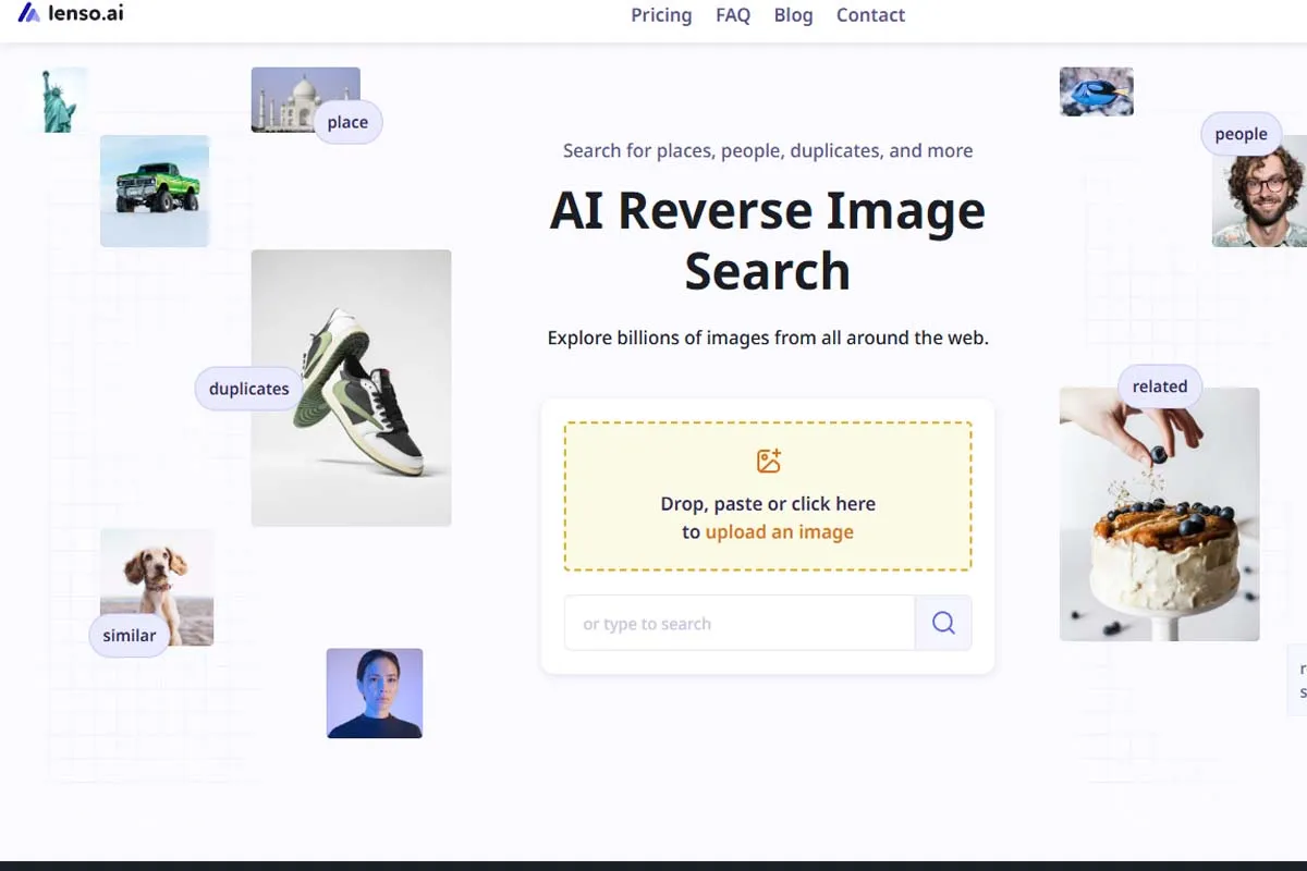 Lenso.ai homepage showcasing 'AI Reverse Image Search' with examples of searching for places, people, and duplicates through images.