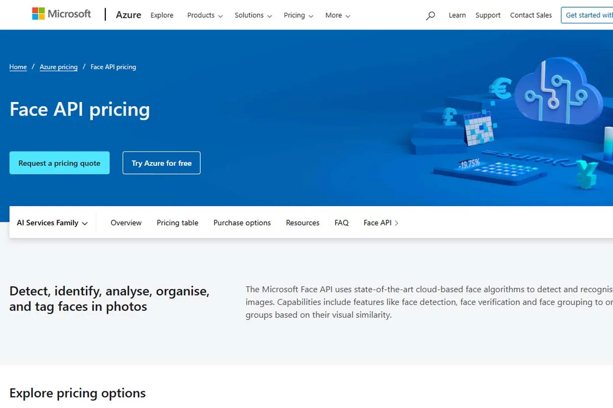 Microsoft Azure Face API pricing page with 'Face API pricing' headline and a cloud-themed illustration.