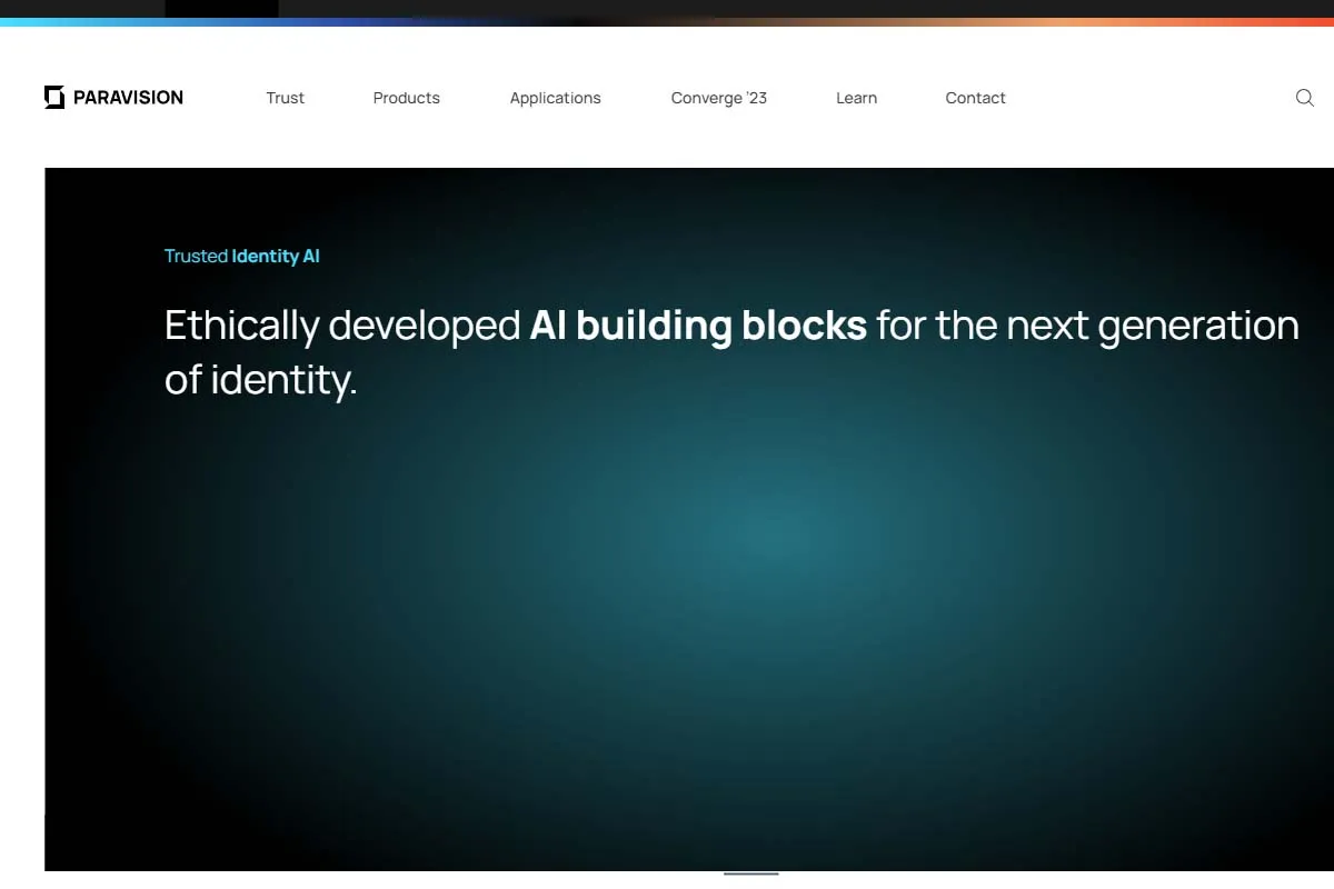 Paravision homepage featuring the headline 'Ethically developed AI building blocks for the next generation of identity' 