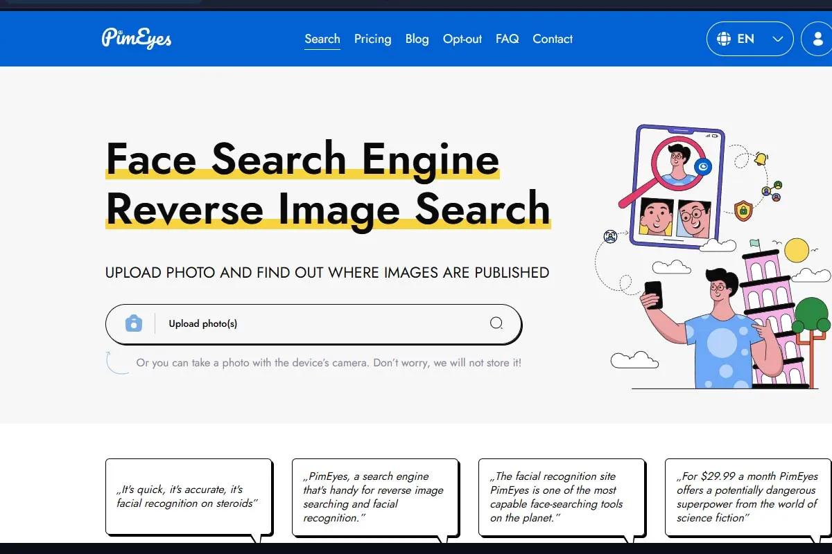 PimEyes website with a search bar to upload an image for reverse face search and buttons for various search options.