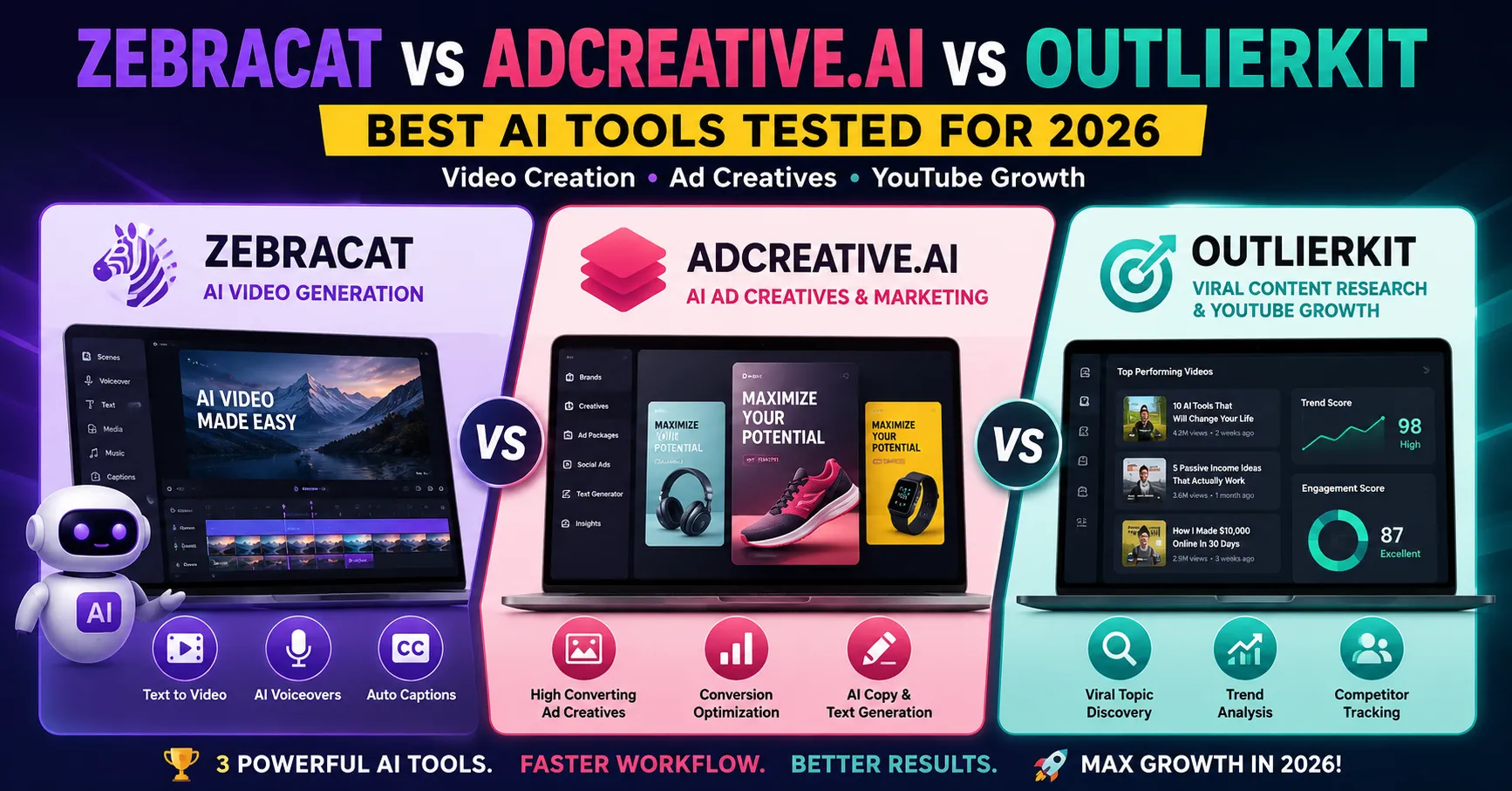 Zebracat vs AdCreative.ai vs OutlierKit: Best AI Tools Tested for 2026 (Video, Ads & YouTube Growth)