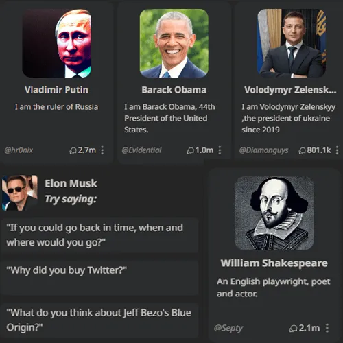 Comedy and Politics AI characters in character AI