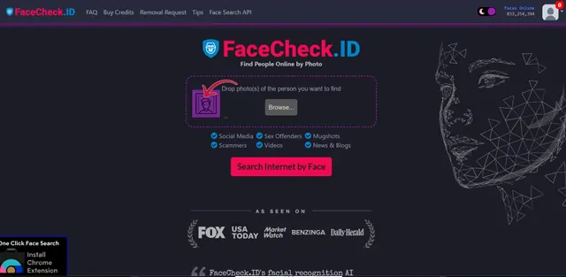 FaceCheck.ID screen shot of FaceCheck.ID web page