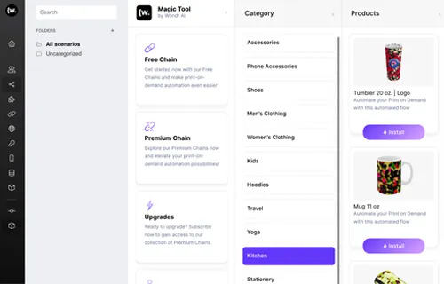 Wondr AI print-on-demand tool dashboard for e-commerce