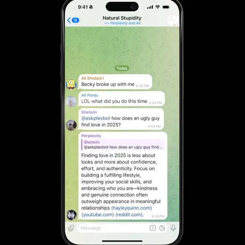 Telegram chat with Perplexity AI bot (@askplexbot) showing group conversation and AI responses