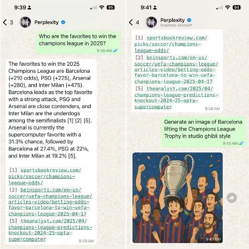 Perplexity AI WhatsApp chat showing setup and fact-checking of a forwarded message