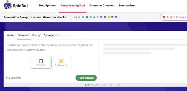 Spinbot AI Paraphrasing Tool Interface