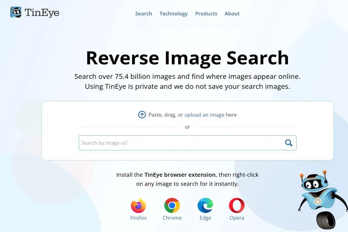 TinEye reverse image search website with a search bar to paste an image URL or upload an image to find its origins and other instances online.